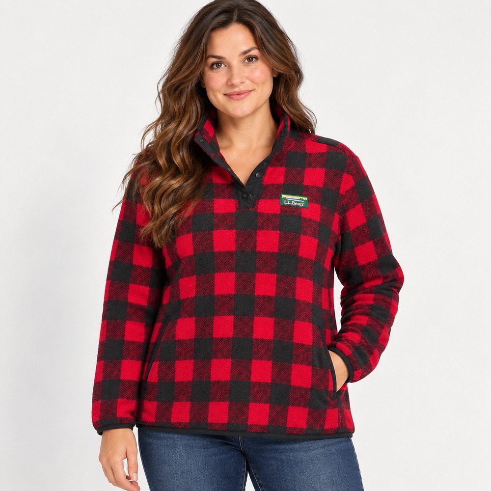 LL Bean Sweater Fleece Pullover Women 1X Plus Red Black Buffalo Plaid Lumberjack